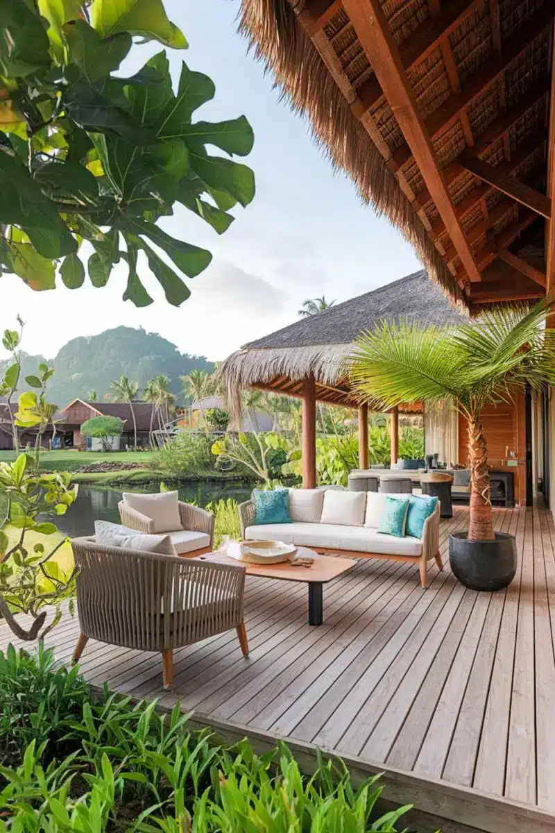 This patio has mastered vacation vibes with its cozy couches, plant army, and a view thats basically begging you to ignore your emails.
