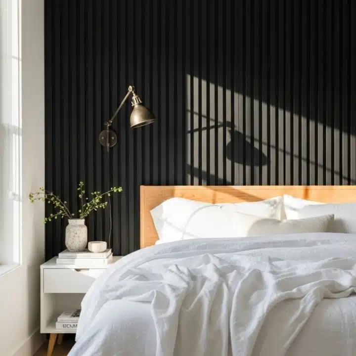 This modern bedroom rocks a brooding black wall, a wooden bed looking way too comfy, crisp white bedding and a lamp ready for late-night overthinking.