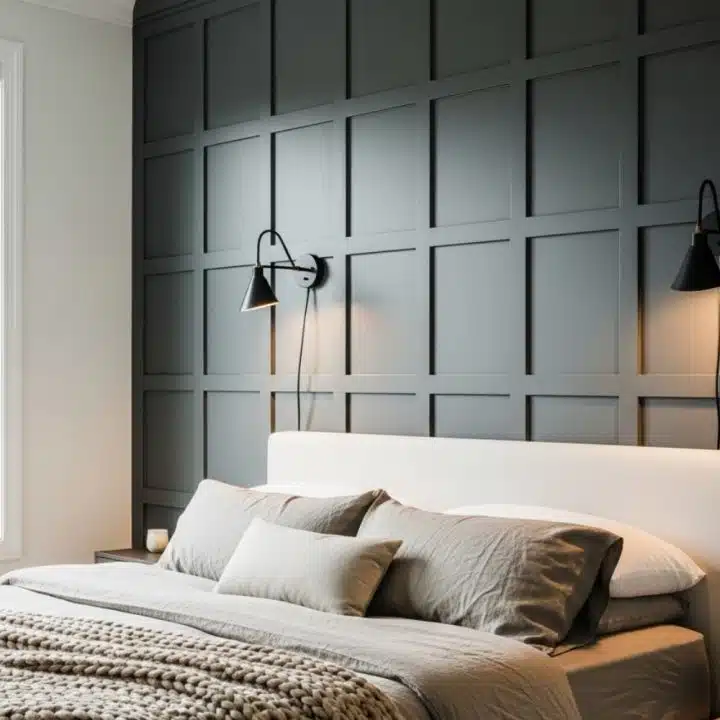Modern bedroom with a gray paneled wall showing the bed who’s boss, neutral bedding, and wall lights that pretend they’re too cool for lampshades.