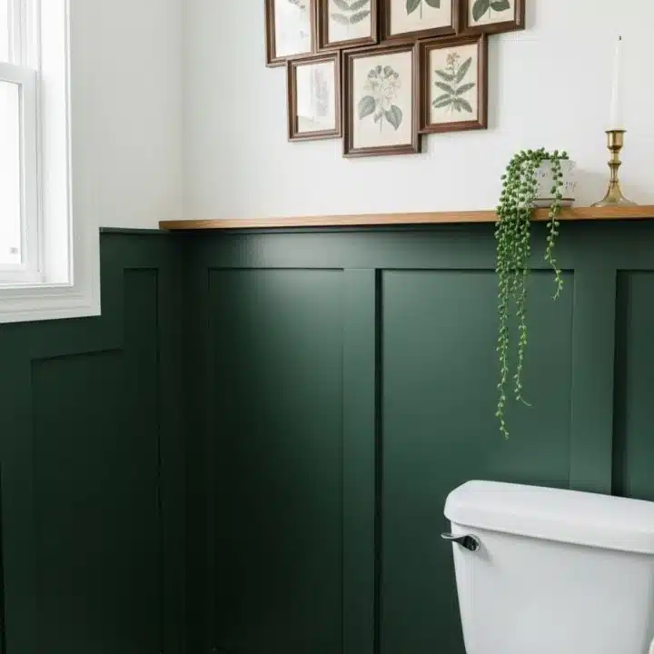 This bathroom gave its lower half a moody green hug, kept its walls plain, then let a leafy print and basic throne do the heavy lifting.