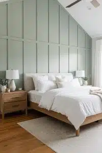 Modern bedroom flexes a bold green paneled wall, wood furniture trying its best, and fresh white bedding soaking up flattering natural light.