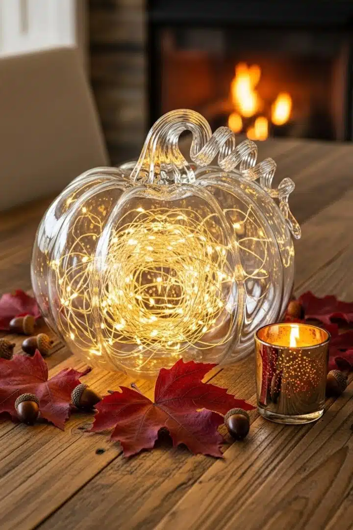 Glass pumpkin stuffed with fairy lights, candle, and bonus autumn leaves—because the fireplace backdrop clearly needed help in the cozy department.
