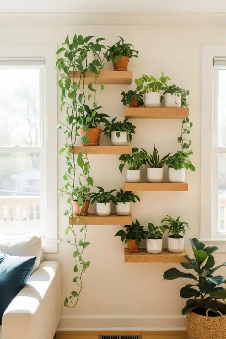 Wooden shelves babysit a bunch of leafy divas soaking up sun beside a window—proof your living room can out-green your neighbor’s.