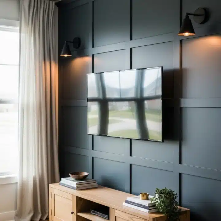 Modern living room rocking a dramatic dark paneled wall, TV so fancy it floats, wooden console, and sconces that actually make lighting look cool.