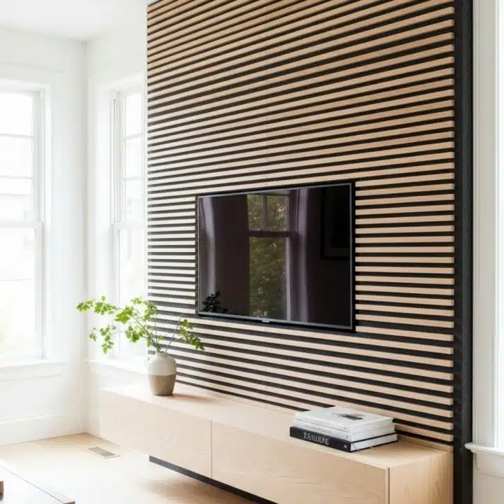 Slatted wood wall showing off a TV above a floating console, plus the obligatory potted plant for proof someone waters things here.