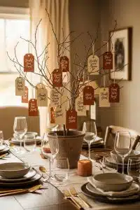 Gratitude tree stealing the show with its stylish leaves of thankfulness, holding court on a table that’s more dressed up than your last date.