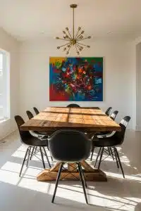 This wood table seats eight in style with its squad of black chairs and a chandelier flashy enough to make the bold wall art jealous.