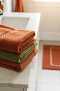 Three towels flexing their neat folds—two in sassy rust-orange and one cool olive—chilling on a marble counter like they own the place.