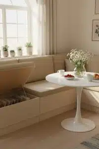 Round table and mugs ready for your latest brunch ambition, flowers proving you tried, bench storage hiding all the breakfast crimes by the sunny window.