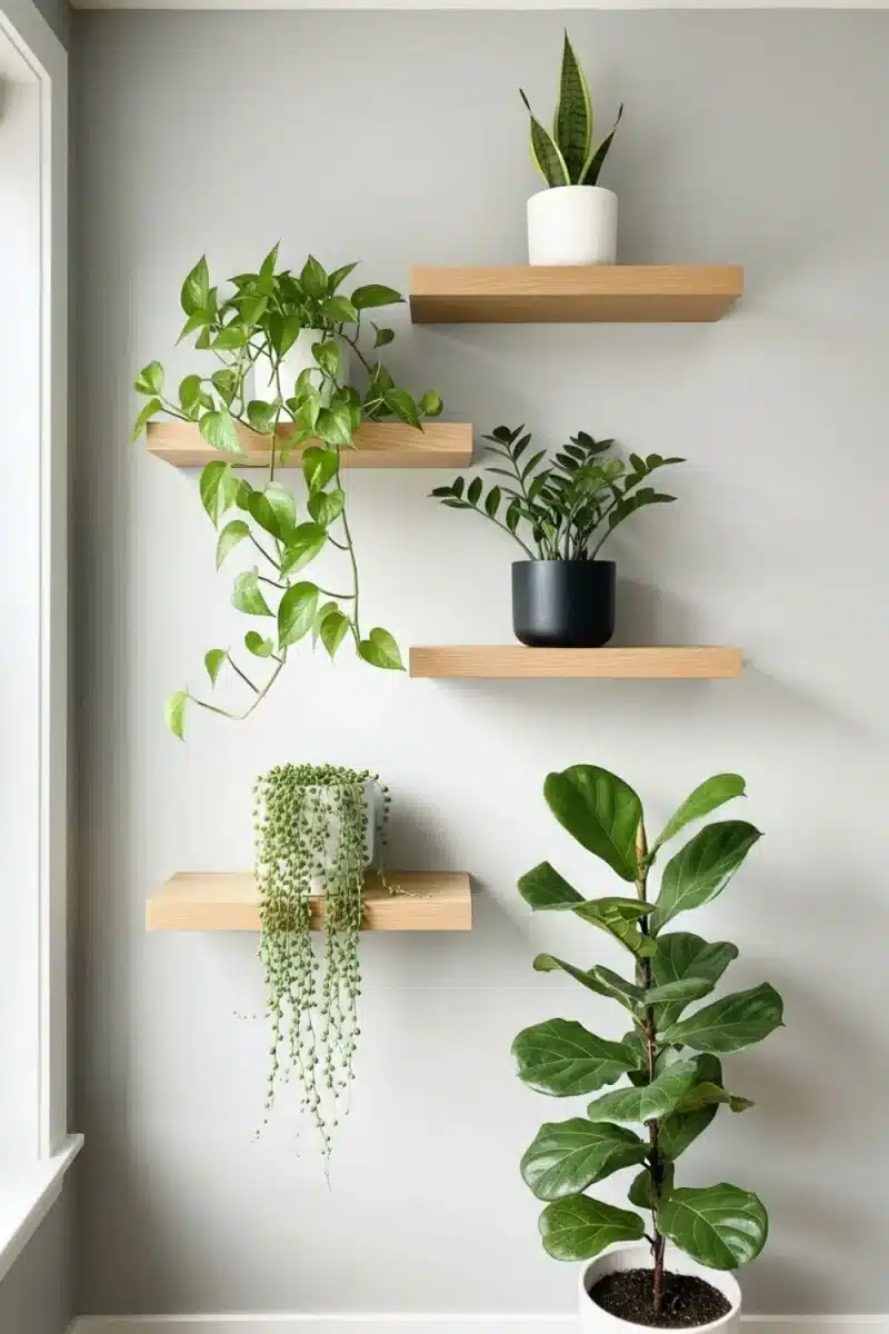 Wooden shelves showing off potted plants like green trophies while a mega plant lurks below, all gazing at the moody gray wall.