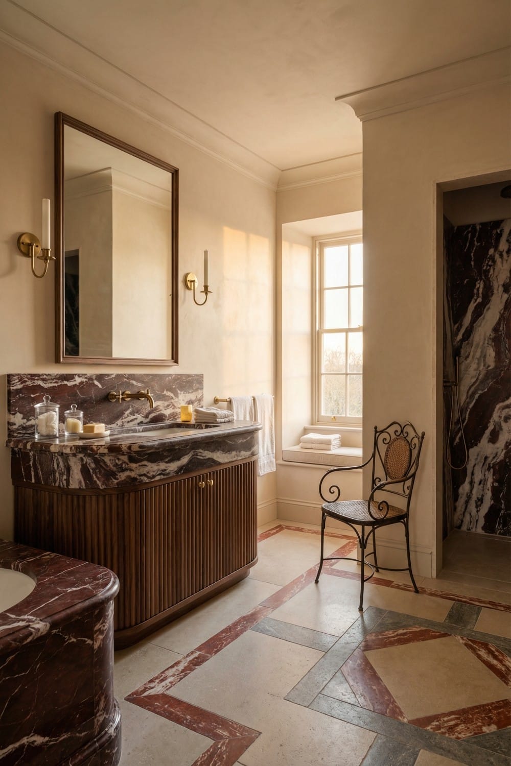 Brass Wall-Mounted Faucet - Red Marble Bathroom