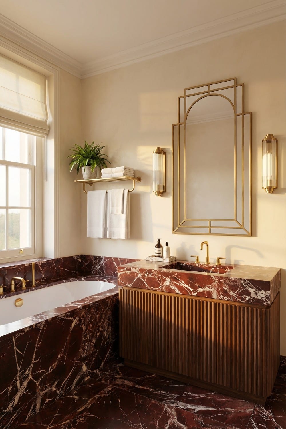 Fluted Brass Sconces - Red Marble Bathroom