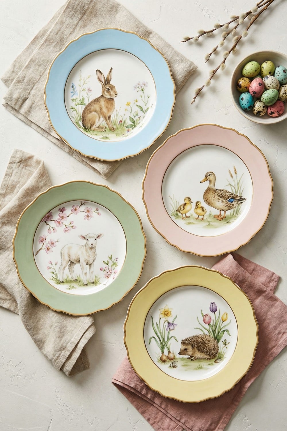 Gilded Pastel Watercolor Wildlife Easter Plates