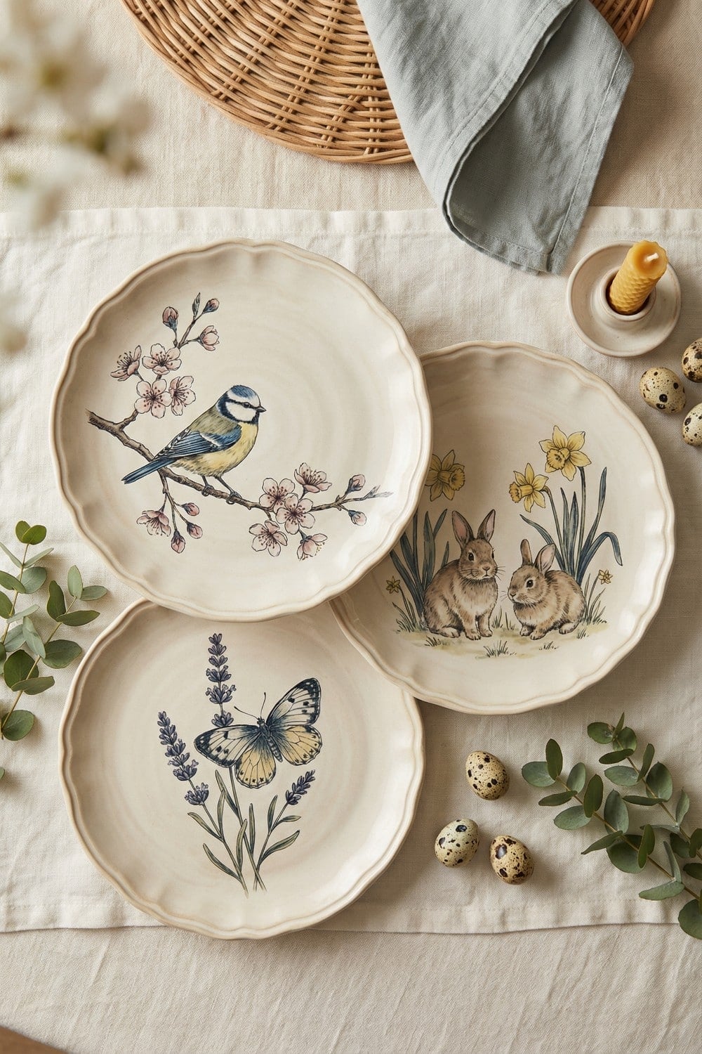 Cream Fluted Spring Sketch Easter Plates
