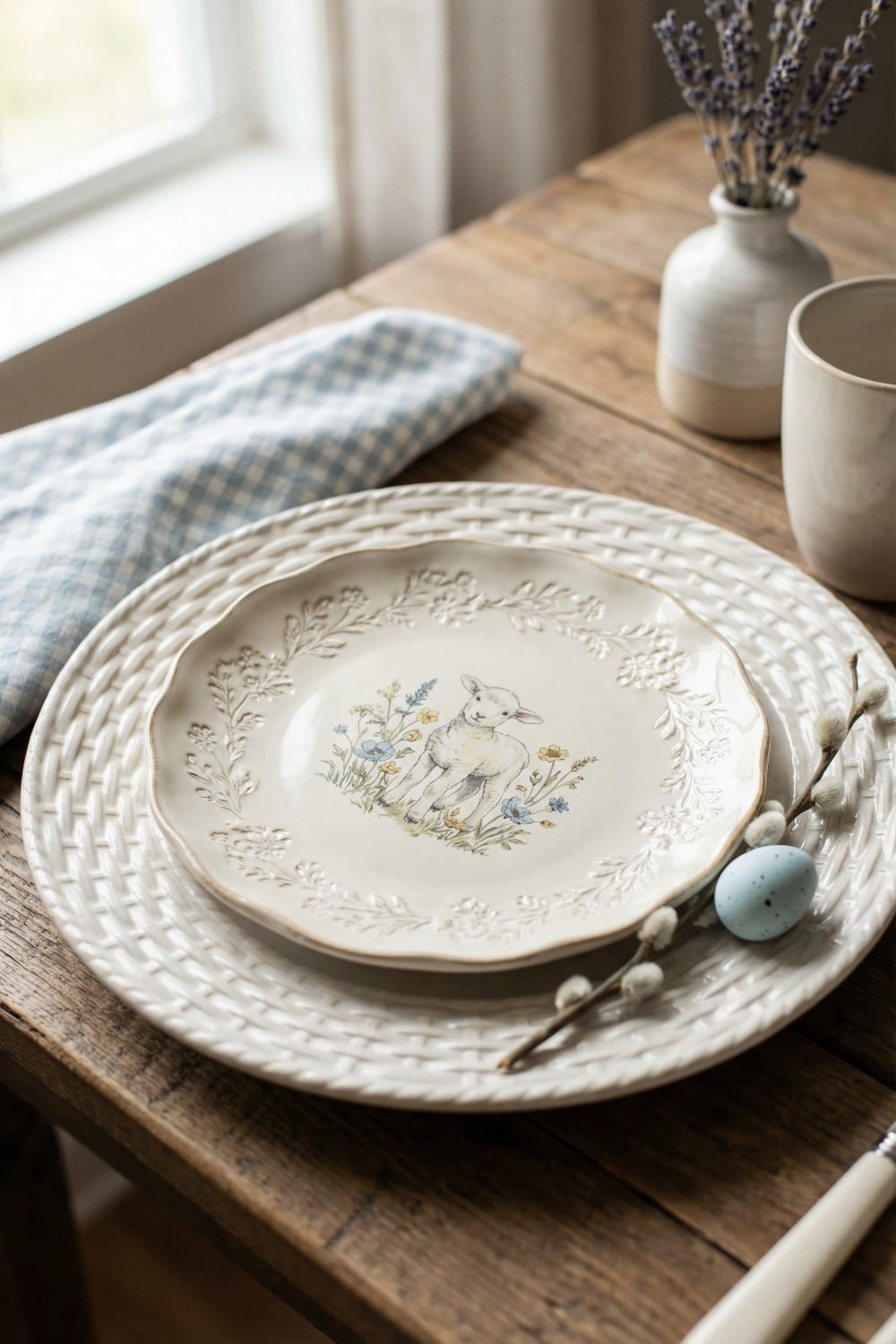 Woven Border Pastoral Lamb Easter Plates