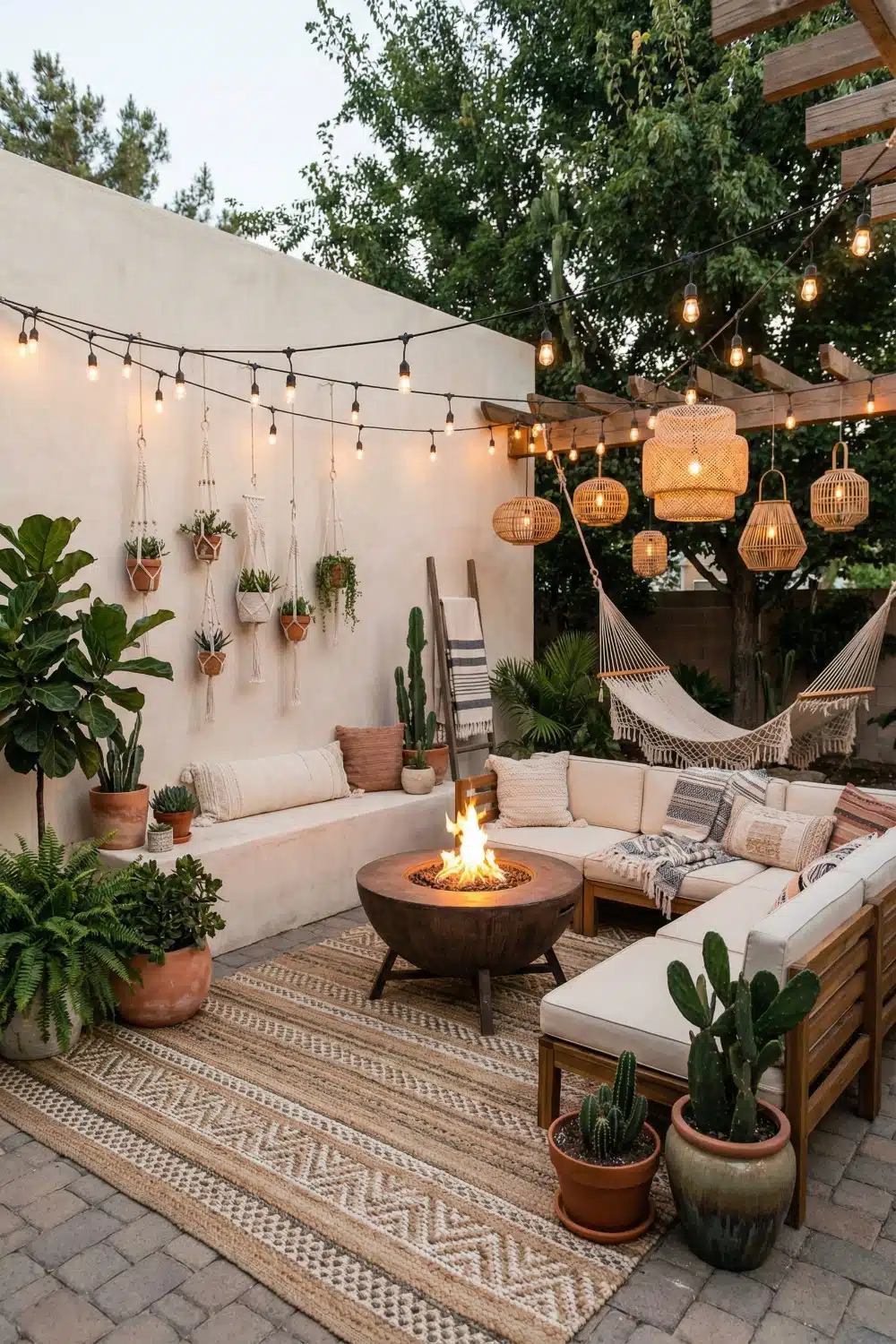 Earthy Desert Patio with Woven Rattan Lanterns