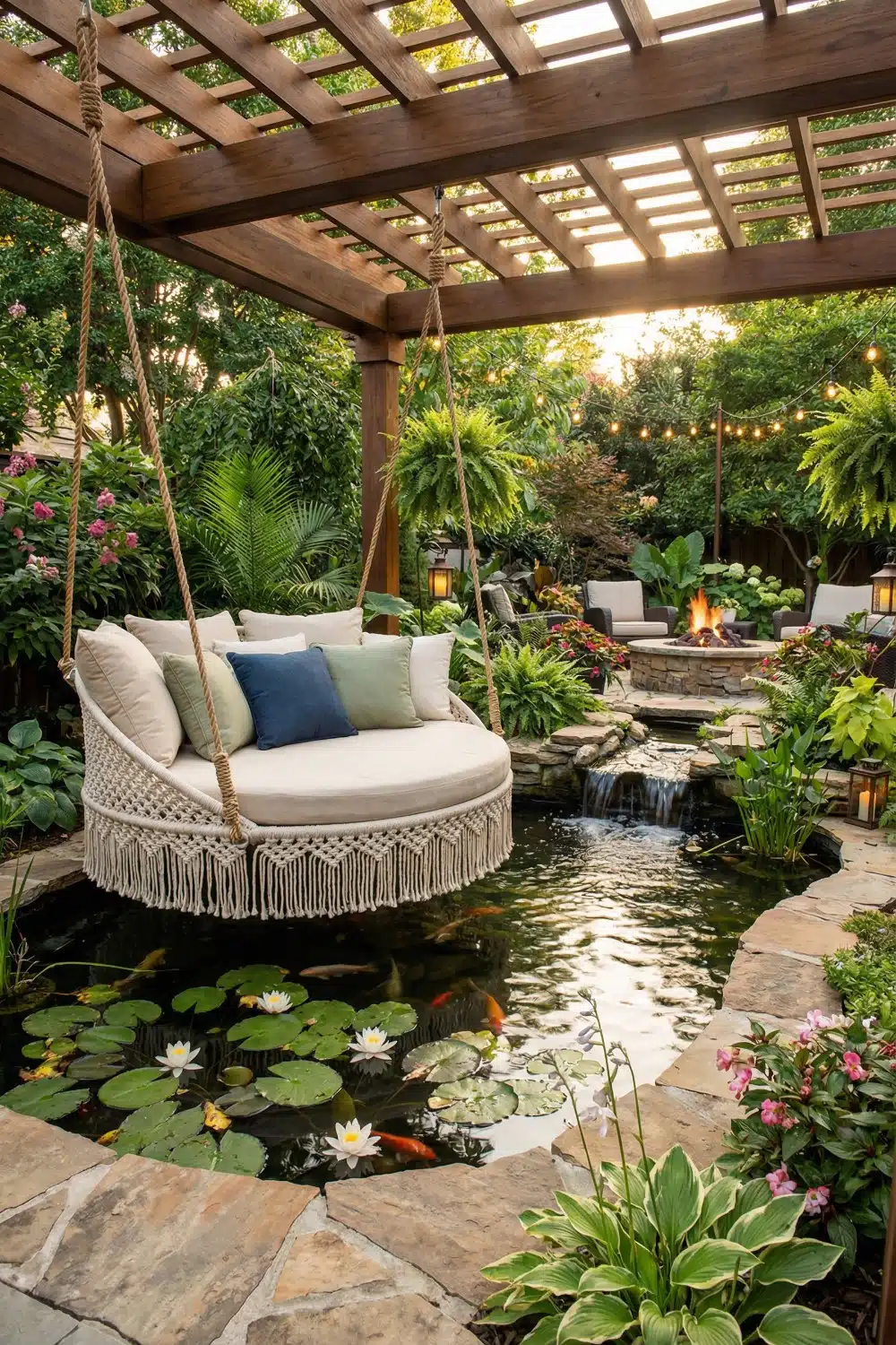 Tasseled Macrame Daybed Over Tropical Pond