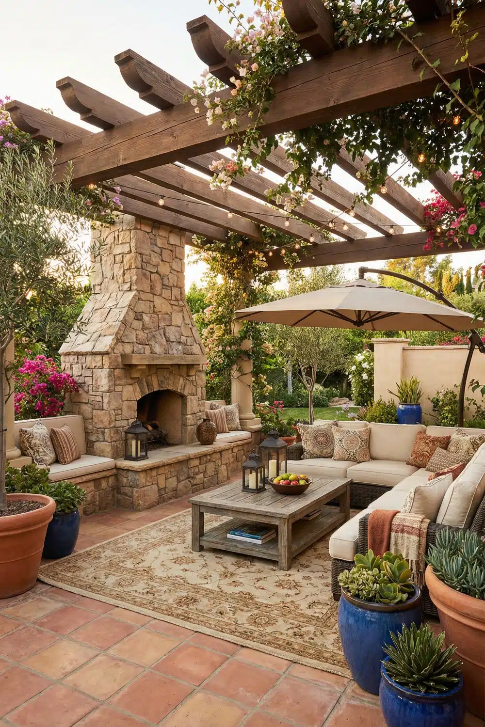 Mediterranean Masonry Hearth and Bougainvillea Arbor