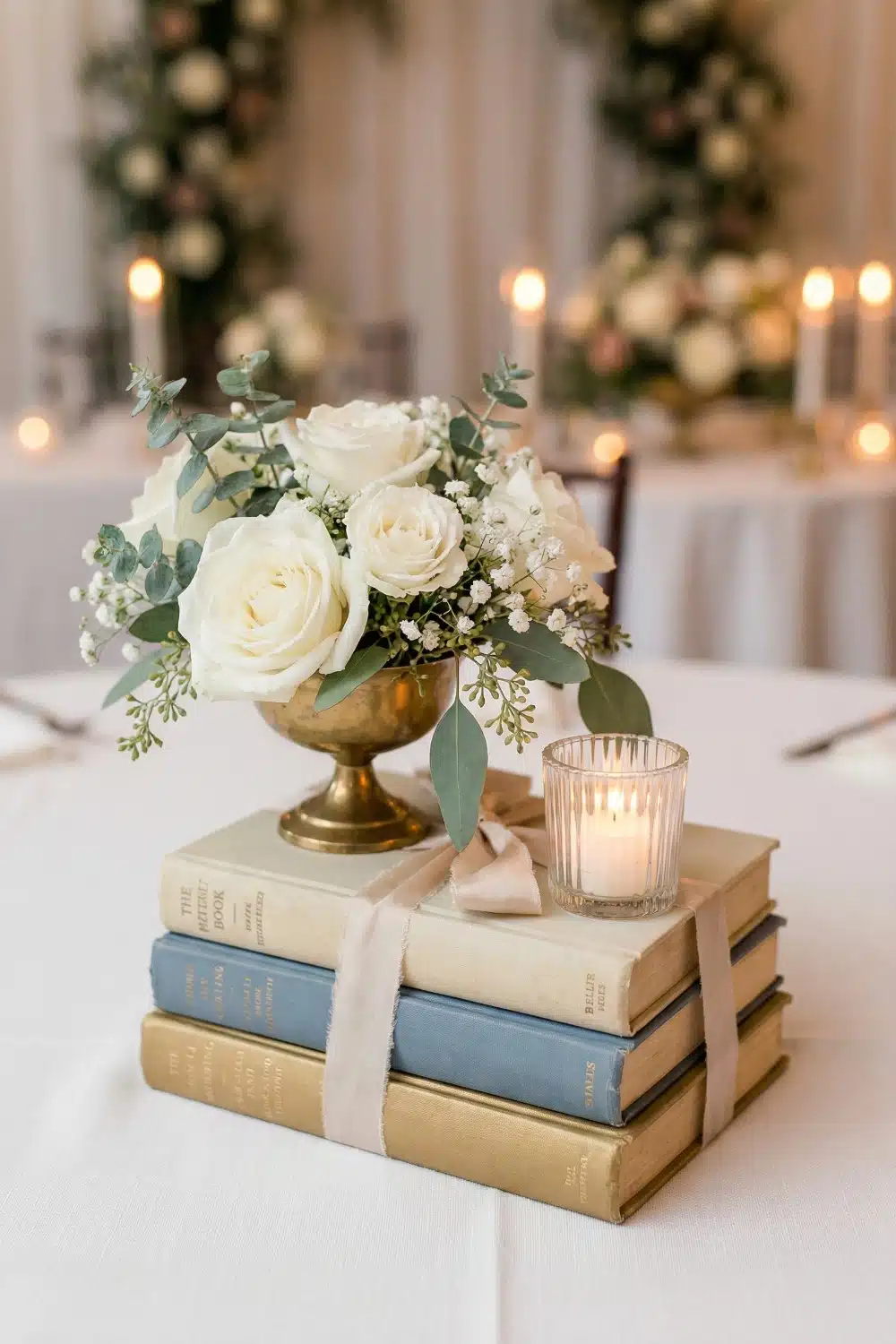 Vintage Book Stack and Brass Floral Compote