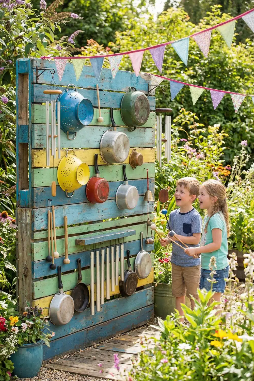 Colorful Reclaimed Wood Outdoor Music Wall