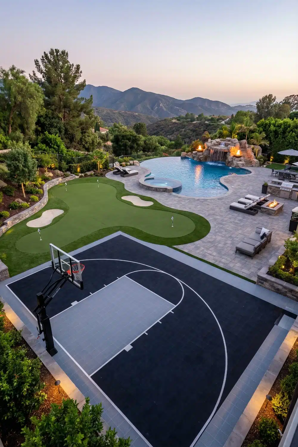 Modern Half Court and Waterfall Grotto Pool