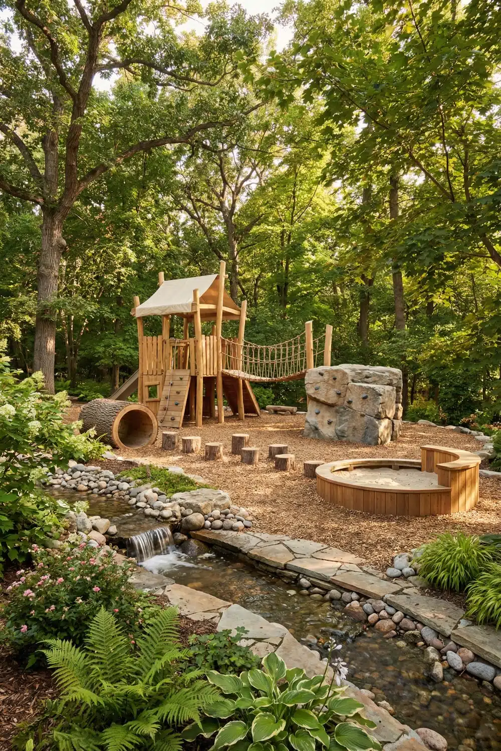 Rustic Cedar Rope Bridge Pebble Stream