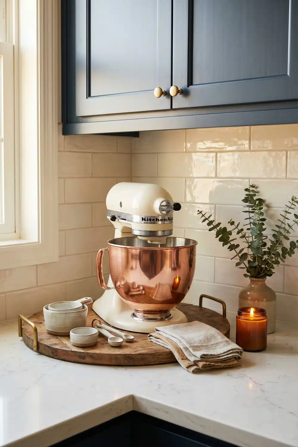 Polished Metallic Bowl and Almond Kitchen Stand