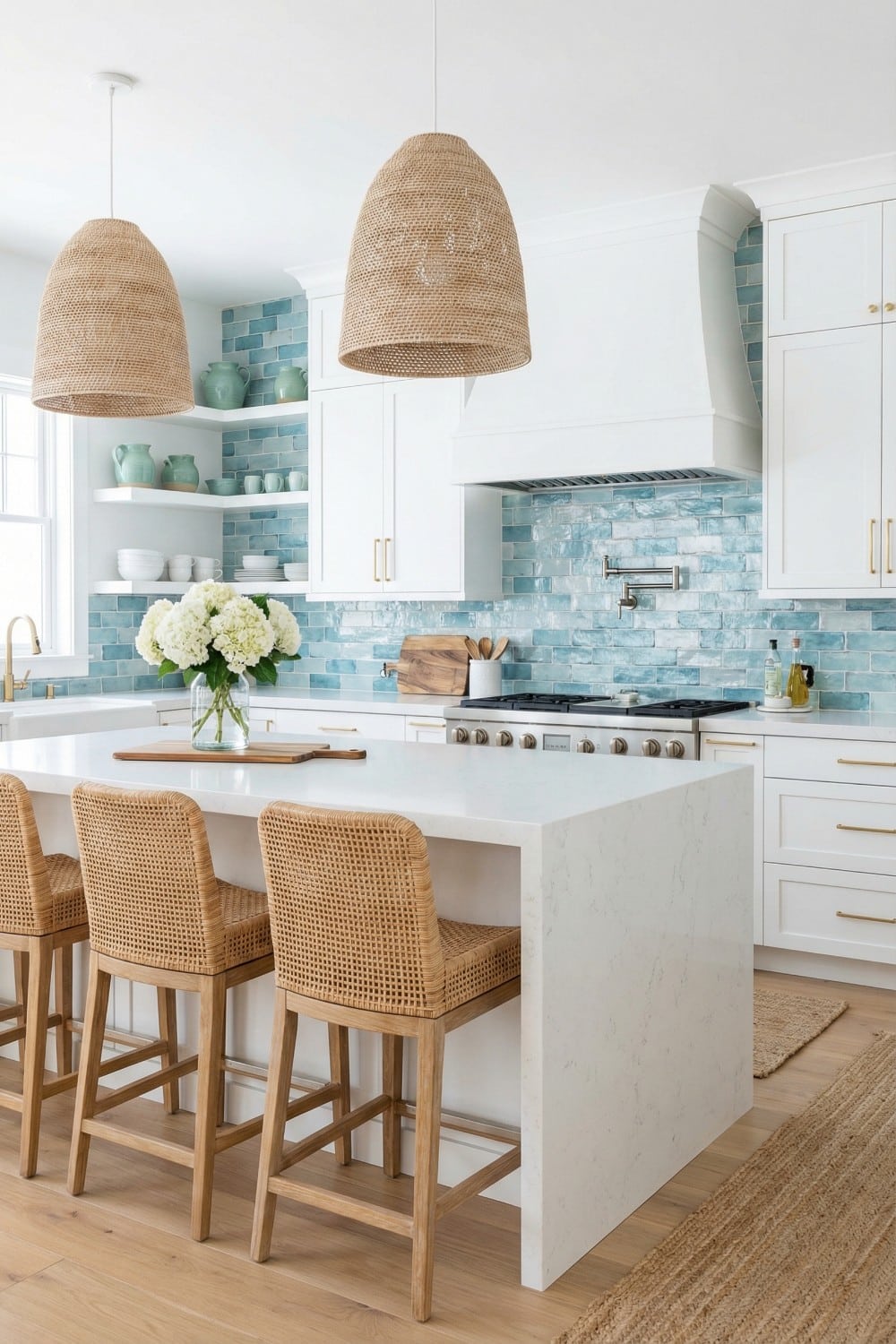 Seafoam Coastal Kitchen Backsplash with Woven Accents