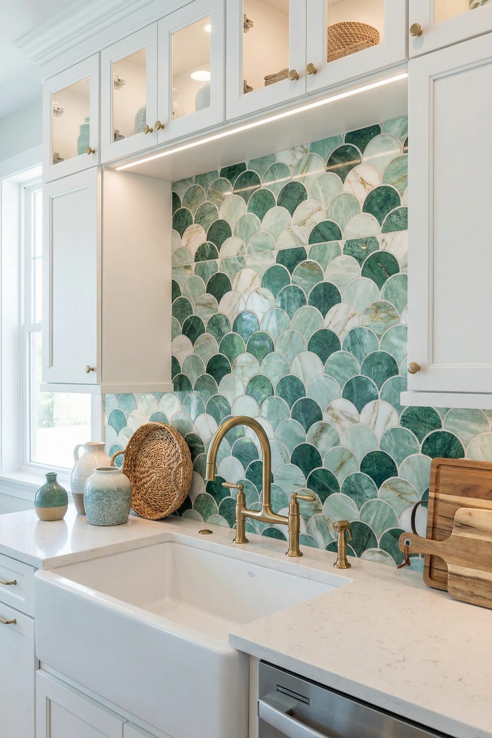 Jade Marbled Coastal Kitchen Backsplash and Gold Faucet