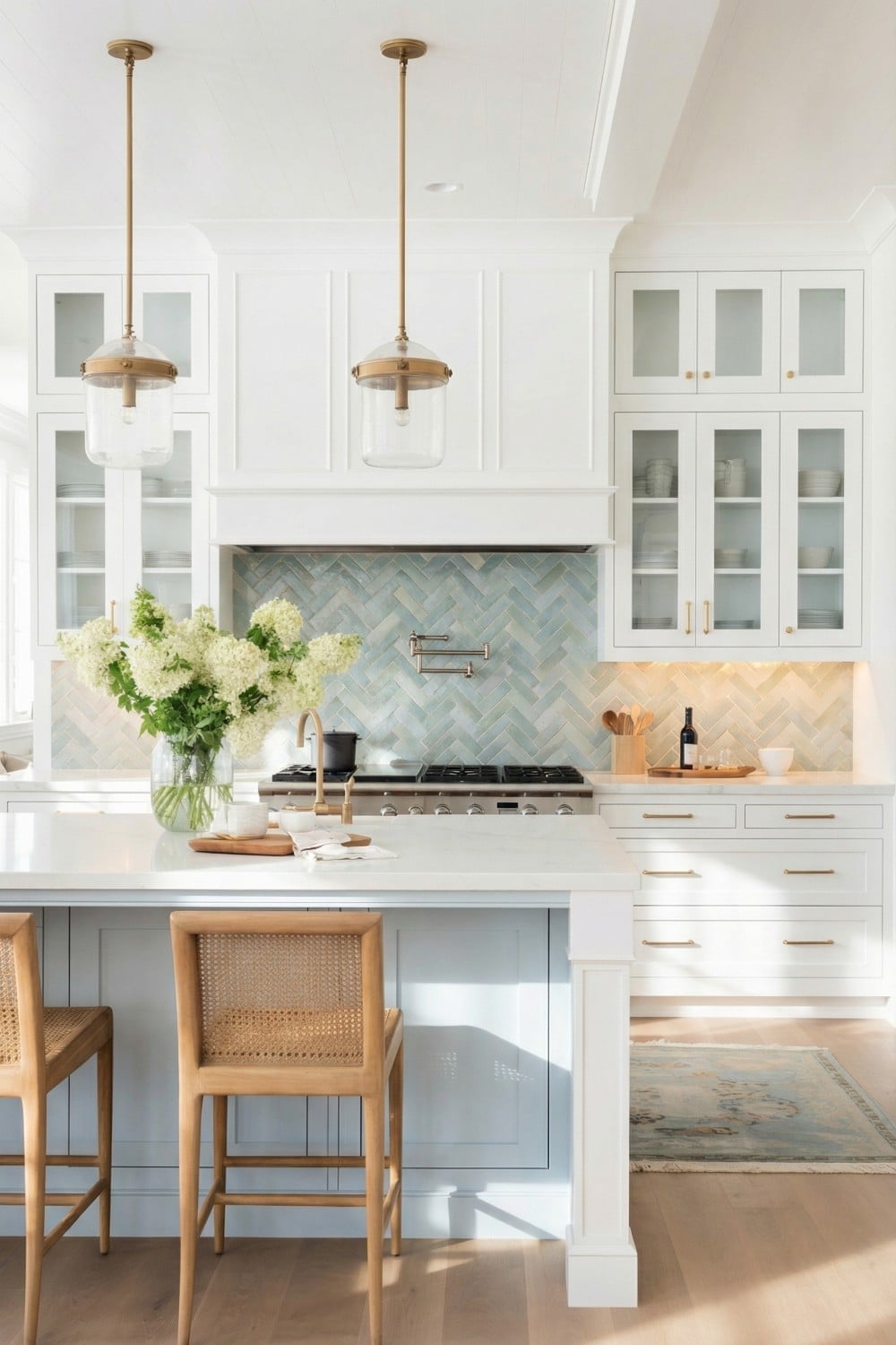 Sky Blue Coastal Kitchen Backsplash and Rattan Stools