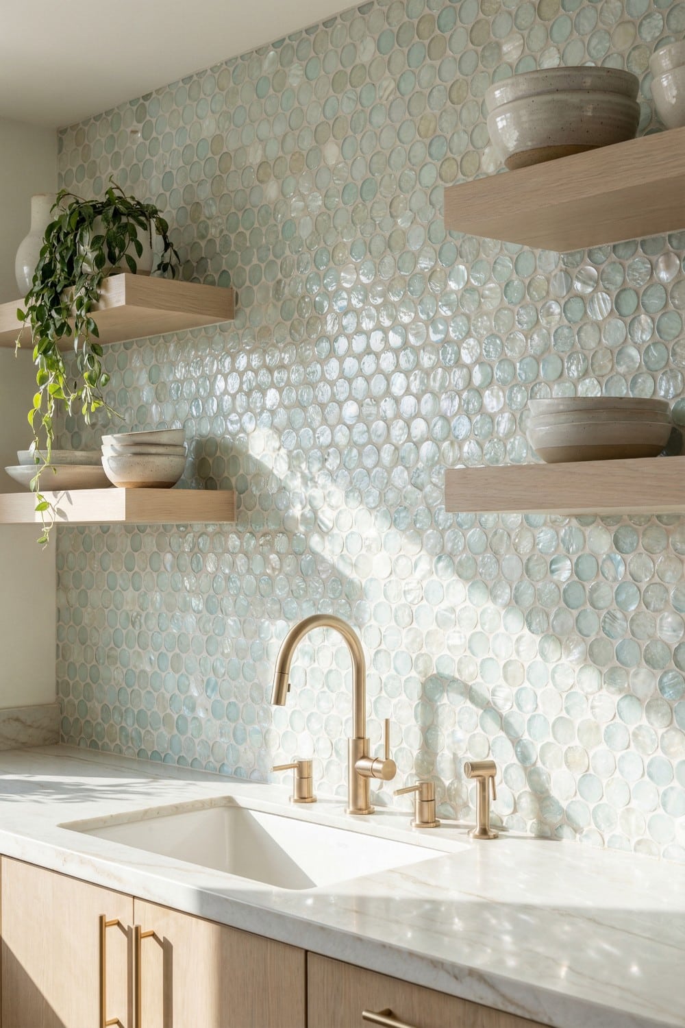 Iridescent Penny Coastal Kitchen Backsplash and Marble