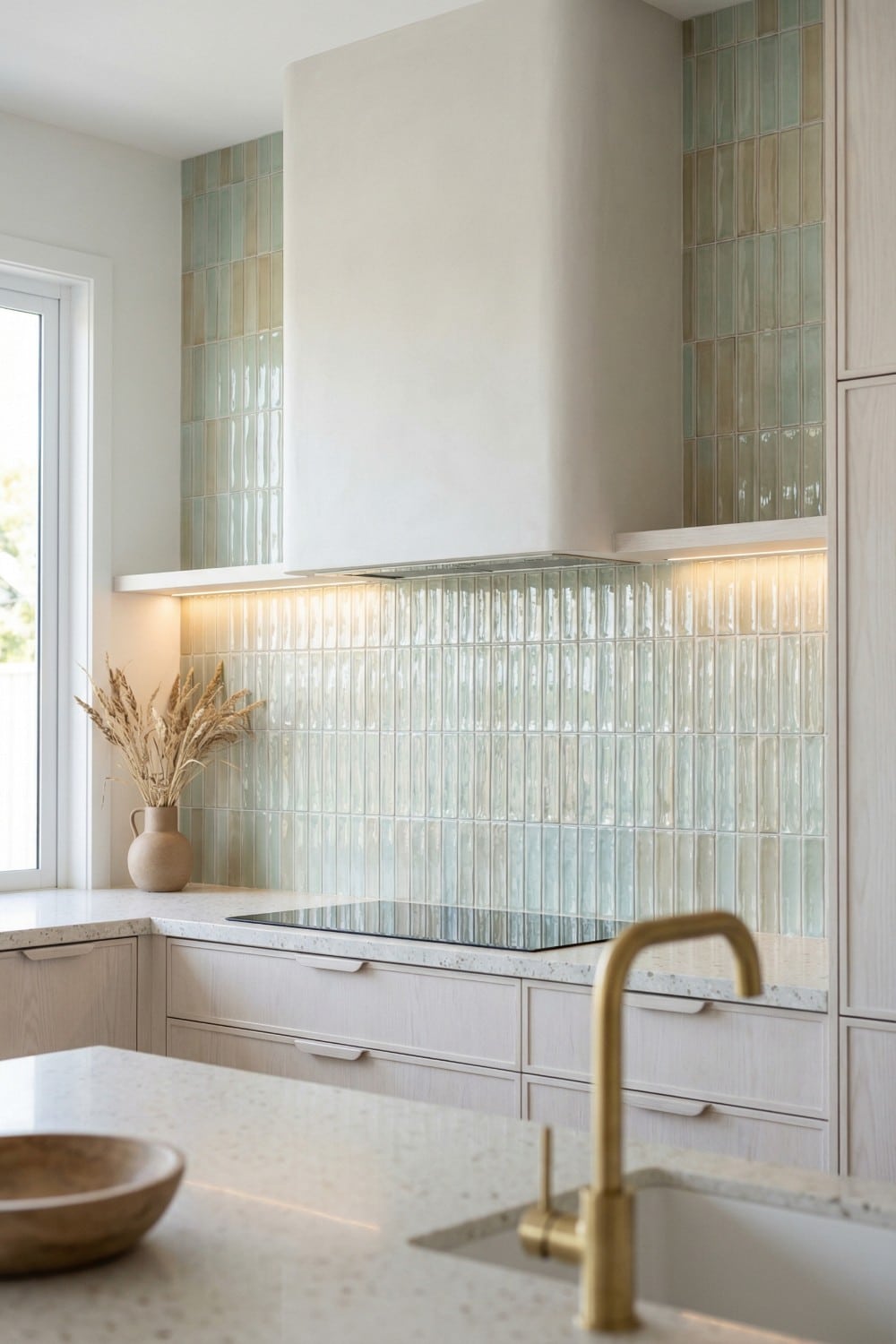 Glossy Sea Glass Coastal Kitchen Backsplash and Plaster Hood