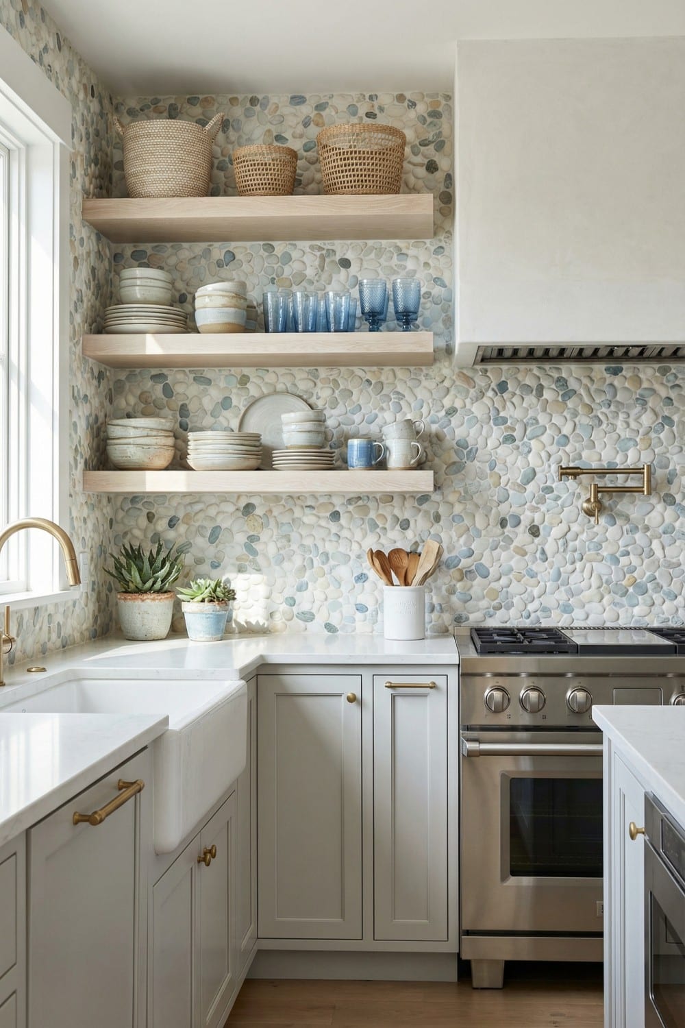 Natural Pebble Coastal Kitchen Backsplash and Wood Shelving