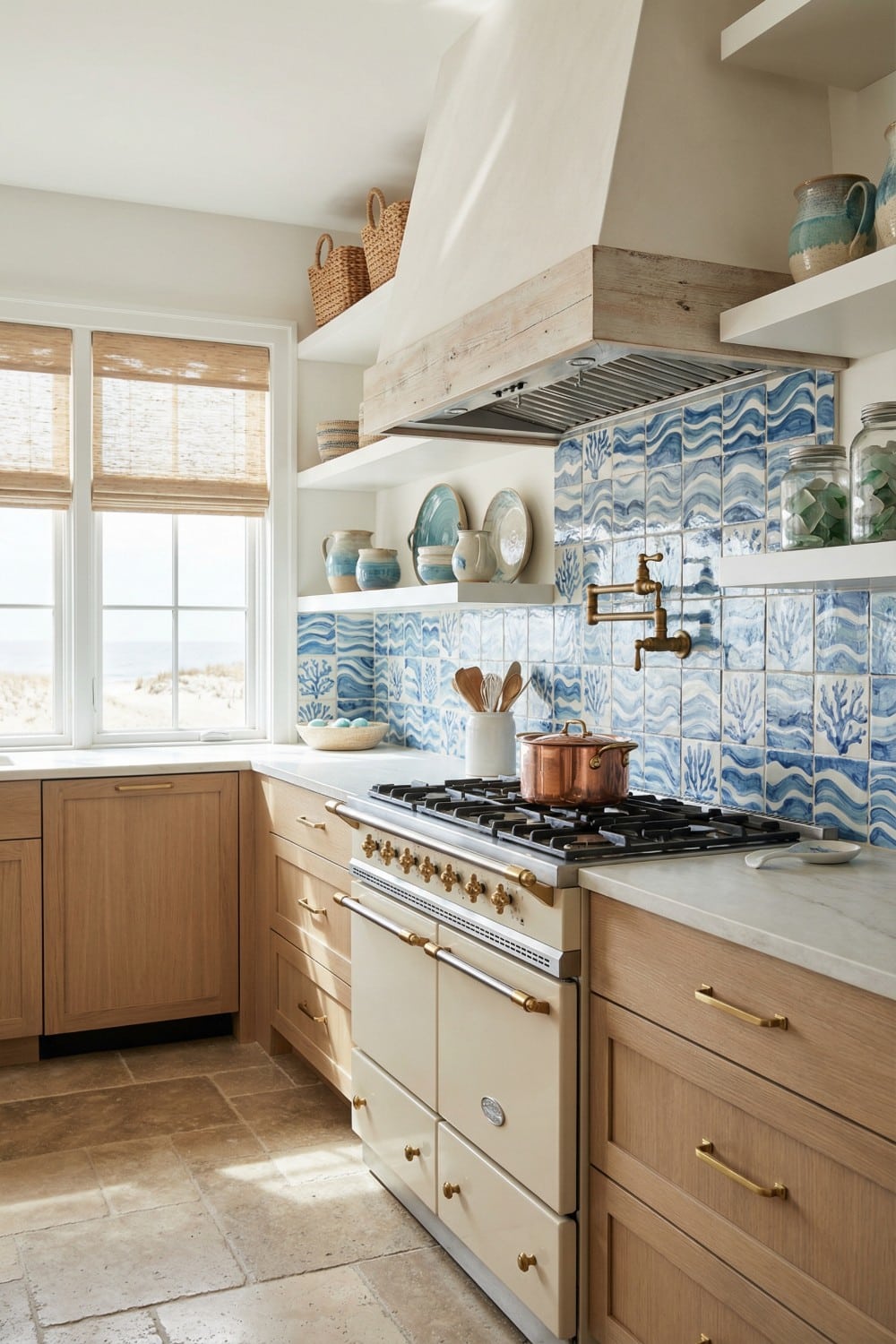 Hand-painted Blue Wave Coastal Kitchen Backsplash