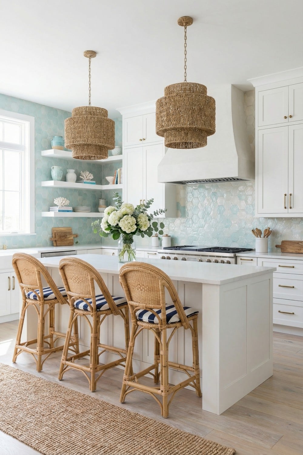 Aqua Hexagon Coastal Kitchen Backsplash and White Cabinets