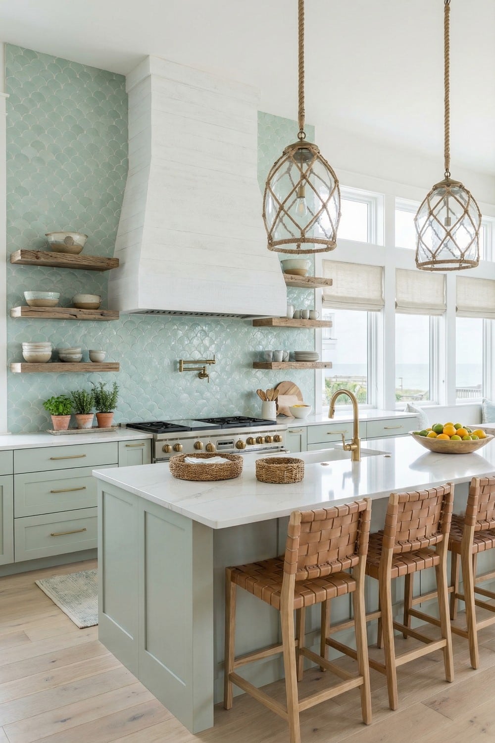Mint Scalloped Coastal Kitchen Backsplash and Rope Pendants