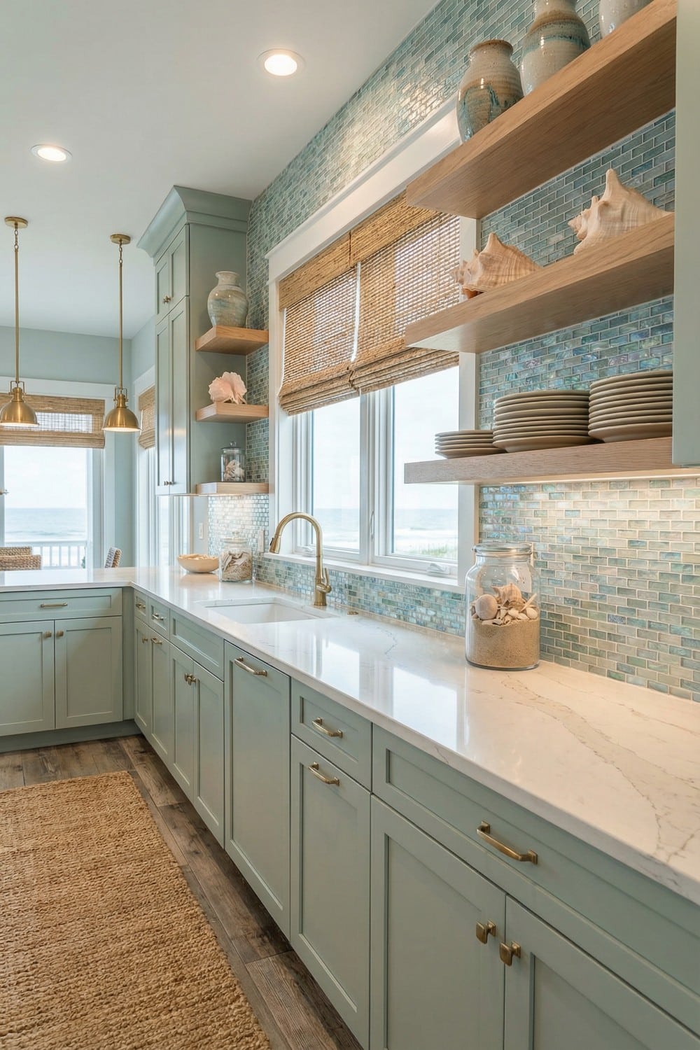 Shimmering Teal Coastal Kitchen Backsplash and Brass Hardware