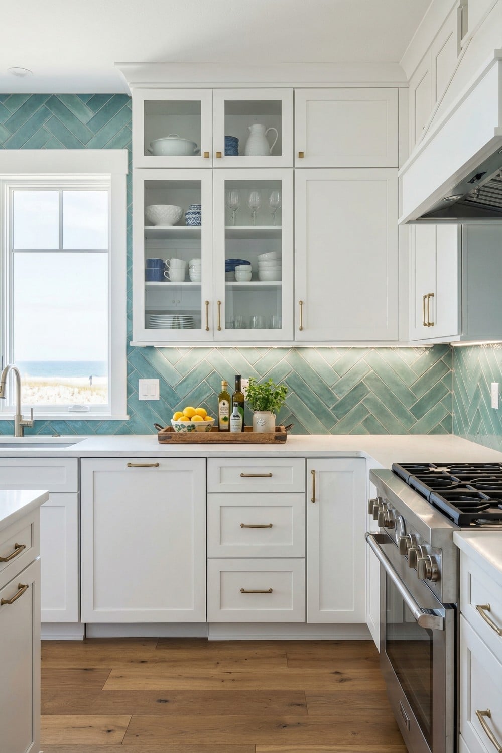 Turquoise Herringbone Coastal Kitchen Backsplash and Glass Cabinetry