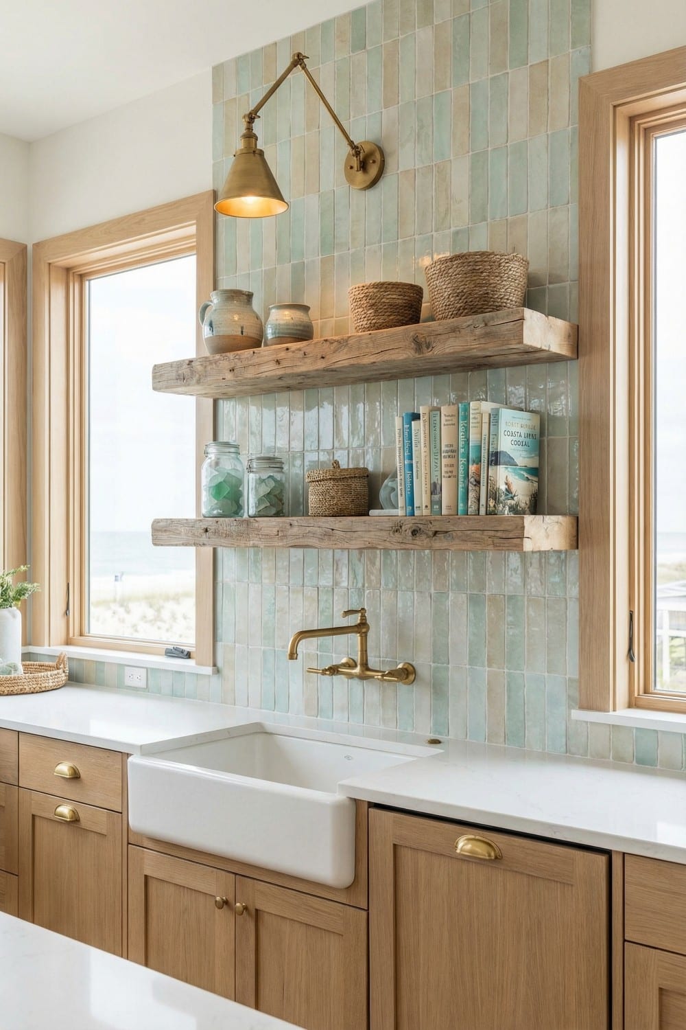 Vertical Multi-toned Coastal Kitchen Backsplash and Weathered Timber