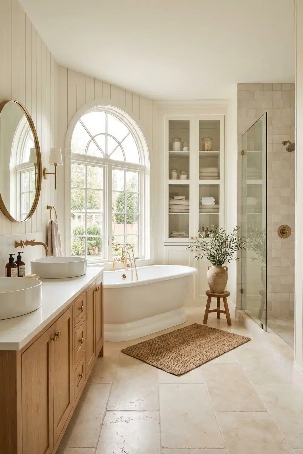 Cream and White Bathroom with Natural Wood Vanity