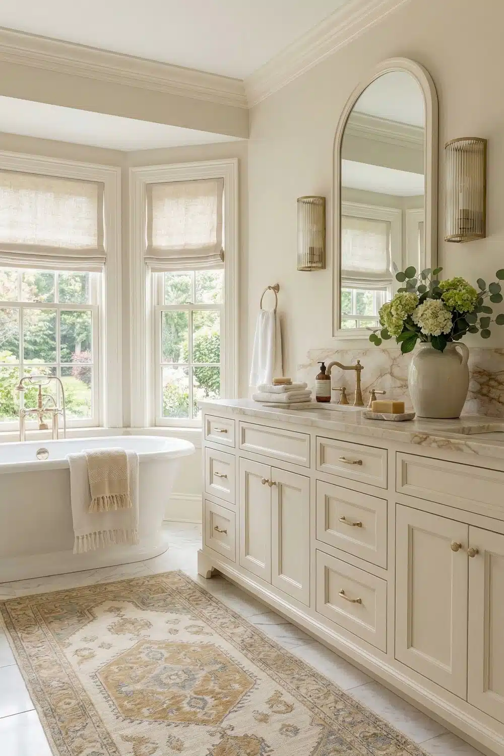 Cream and White Bathroom with Brass Accents