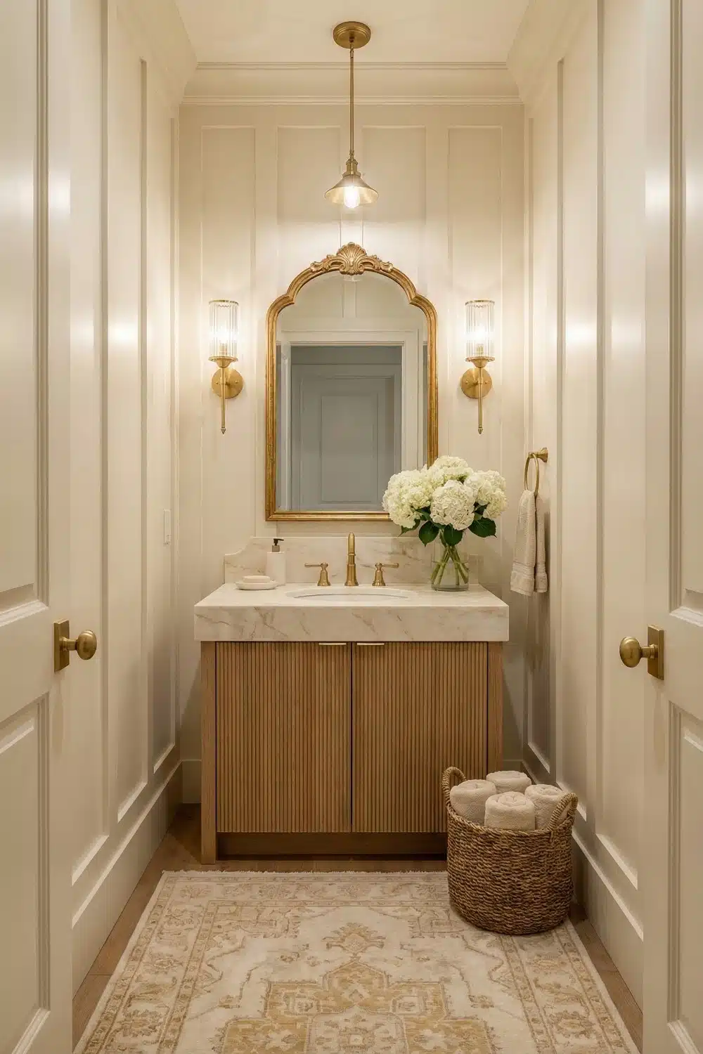Cream and White Bathroom with Paneled Walls