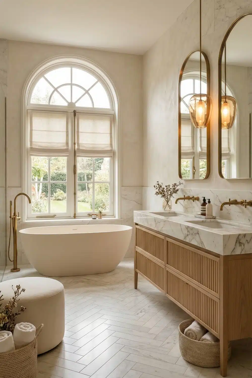 Cream and White Bathroom with Sculptural Oval Tub