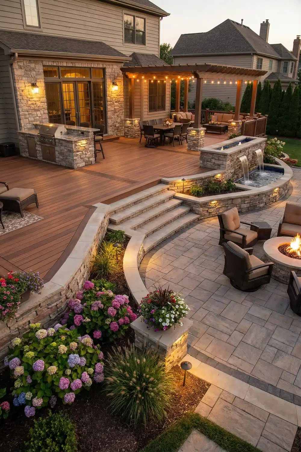Multi-Level Deck Patio Combo with Stone Waterfall