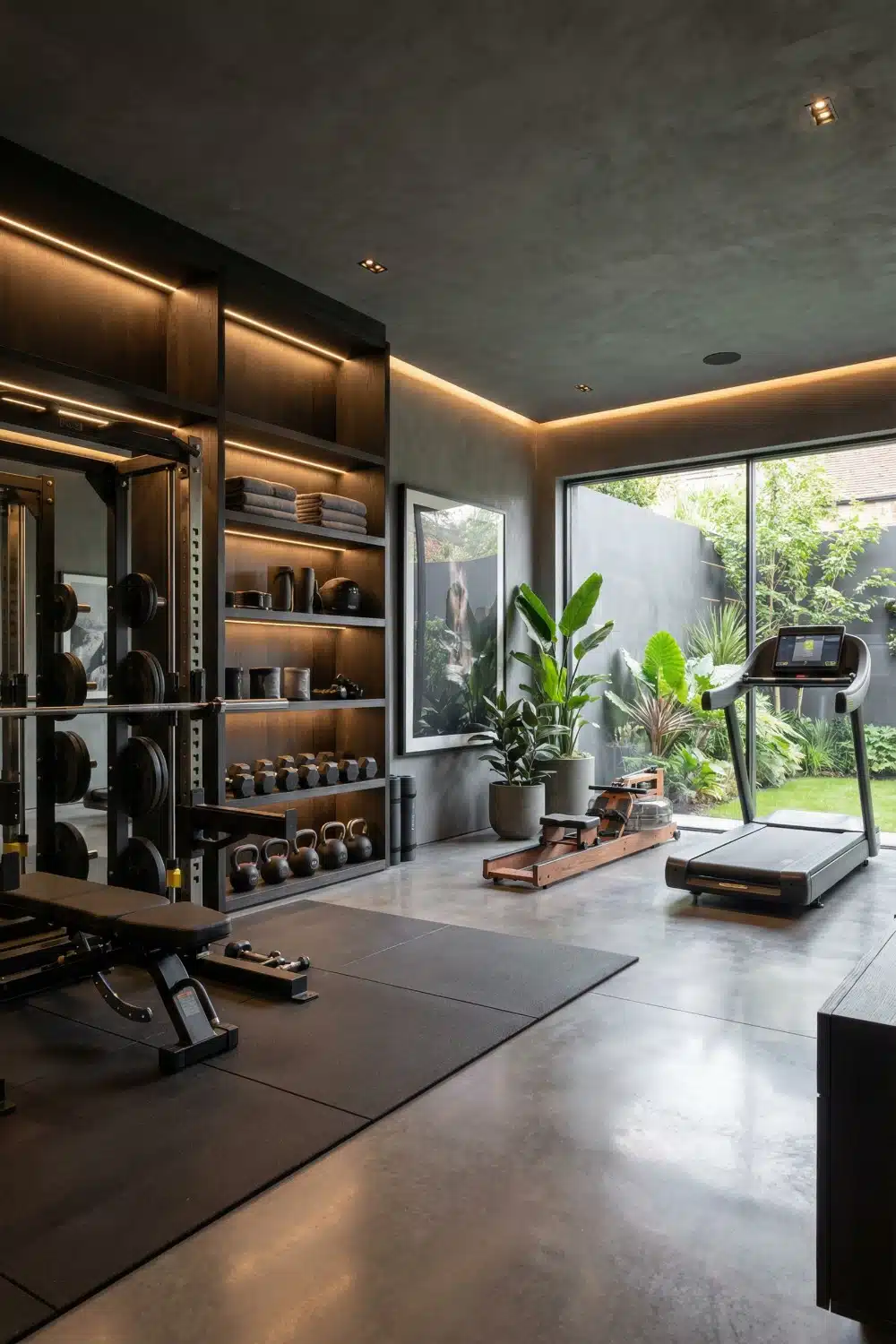 Moody Gym with Concrete Walls and Garden View