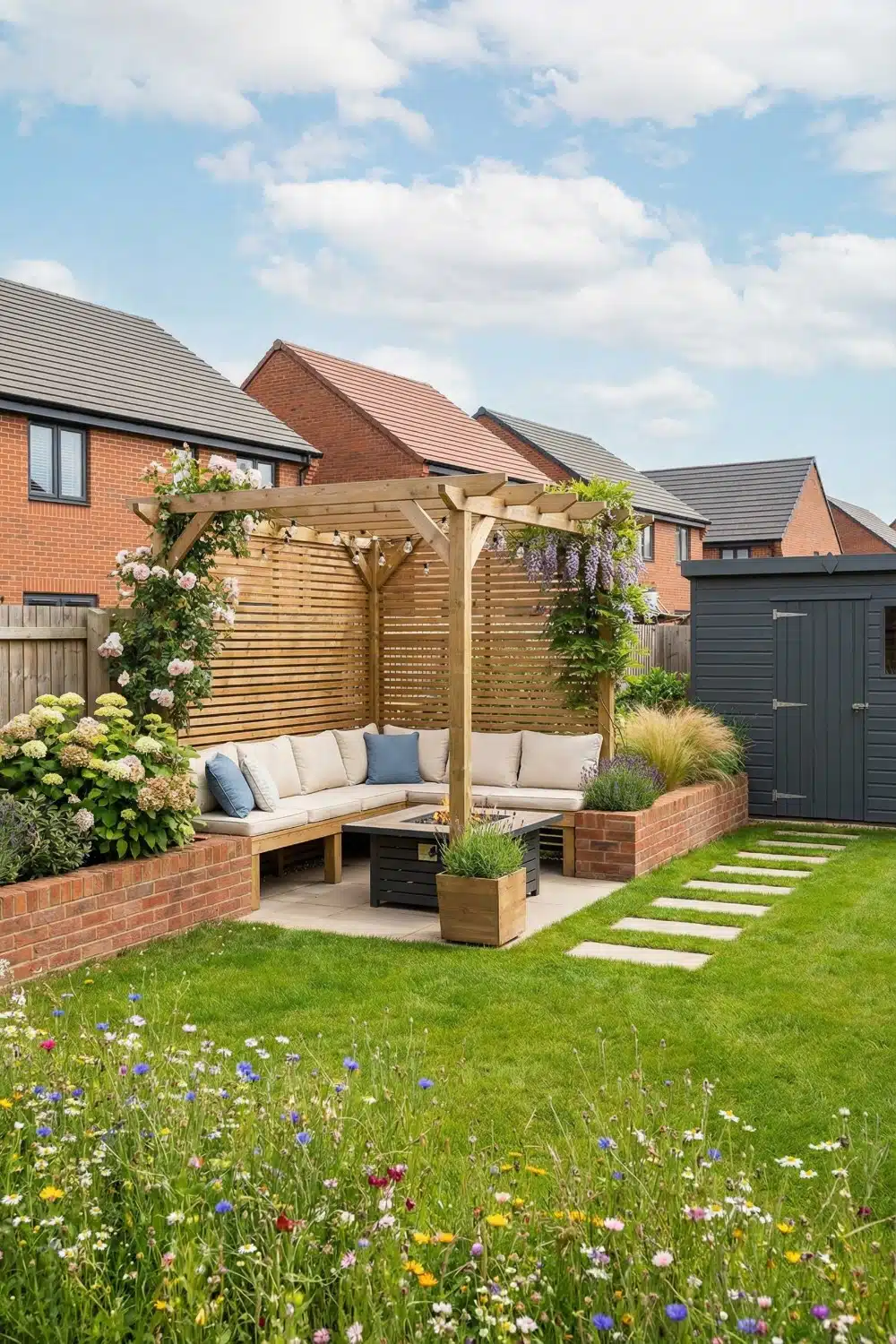 New build garden with wildflowers and raised brick beds