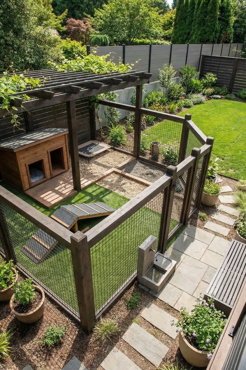 Backyard dog run with stone fountain and pergola