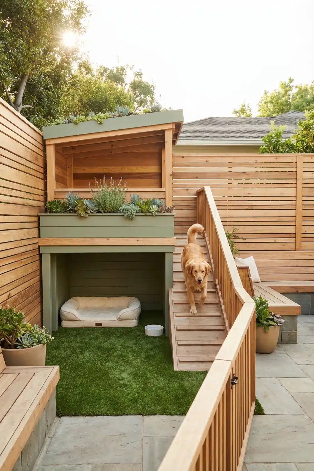 Backyard dog run with living succulent roof