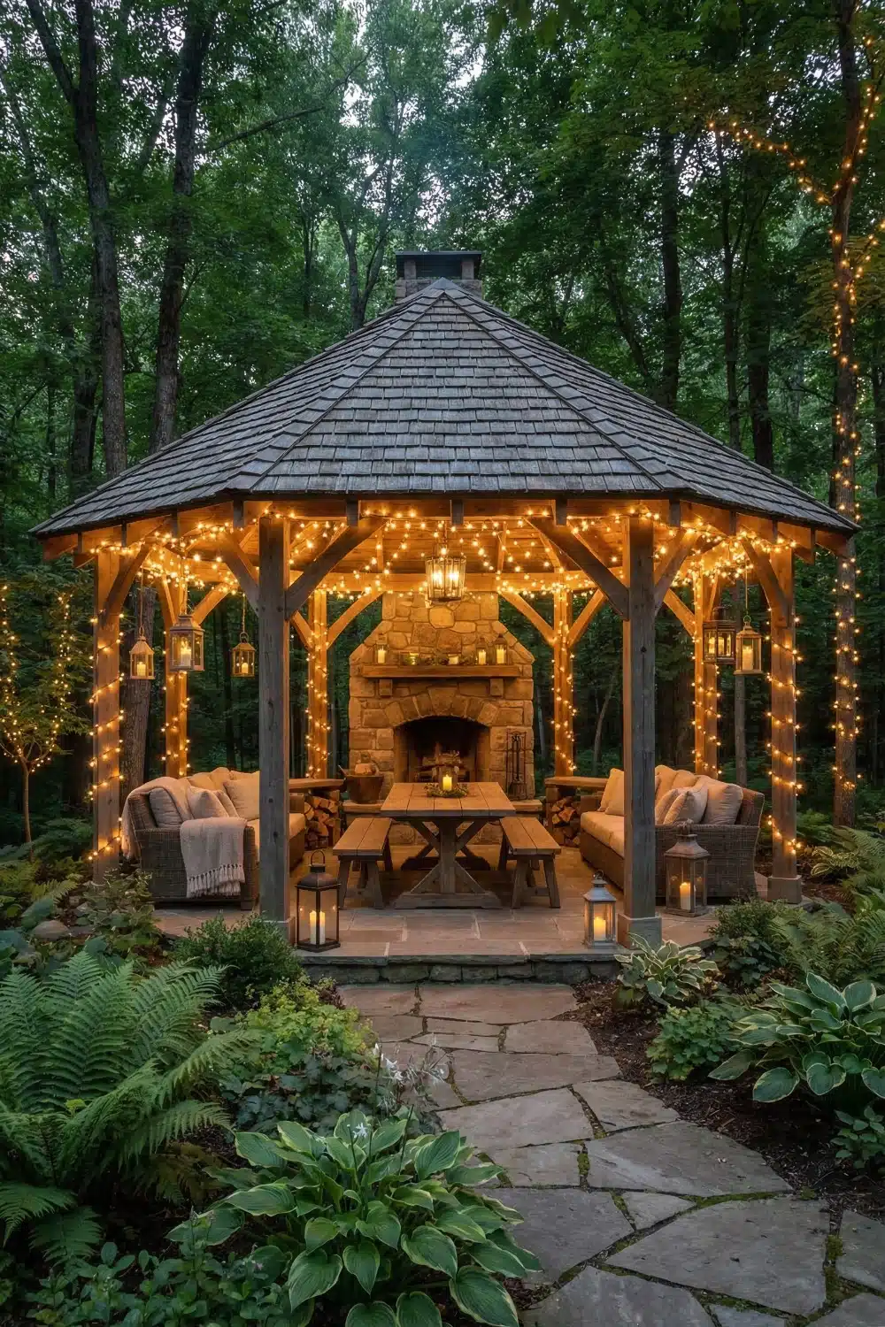 Backyard Gazebo with Stone Fireplace and String Lights