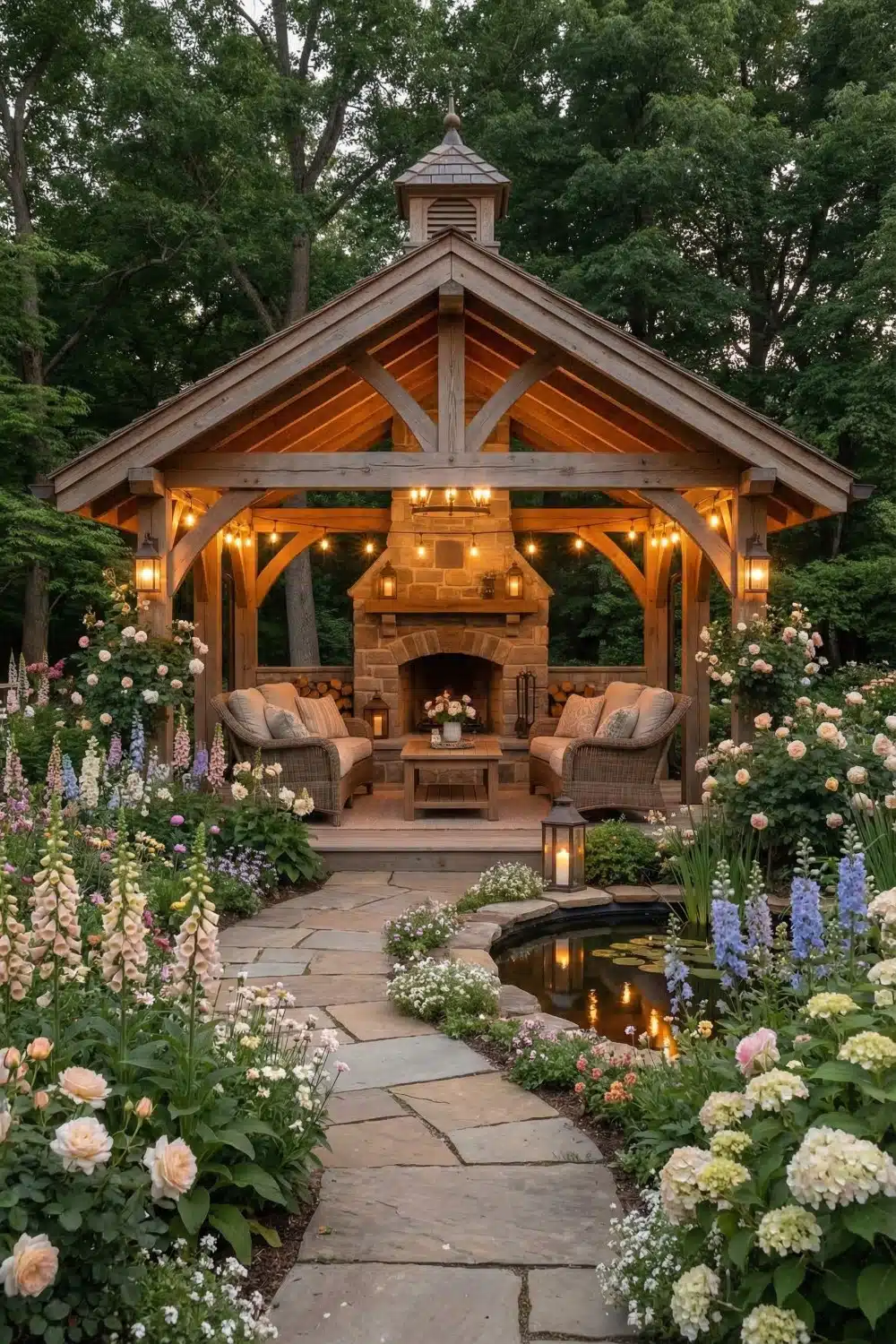 Backyard gazebo nestled beside a tranquil garden pond